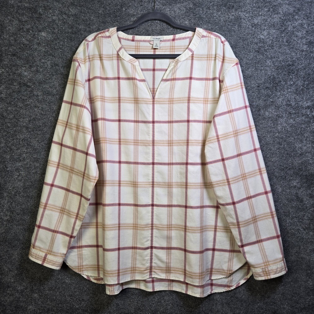 LL Bean Top Womens XL Regular Cream Red Plaid Whisperweight Flannel Popover